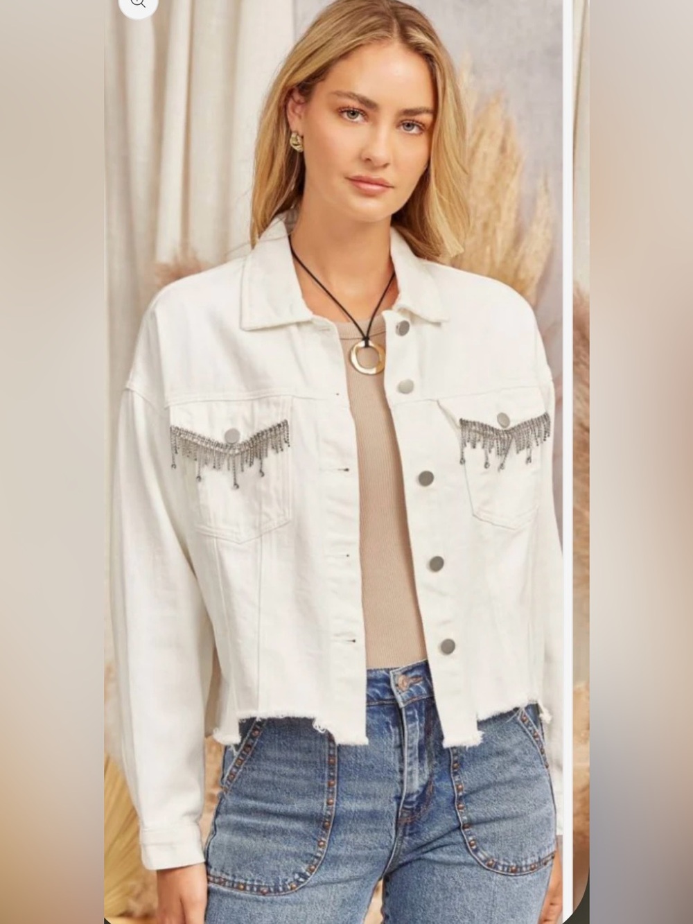 Savanna Jane White Denim Jacket with Silver Rhinestone Fringe